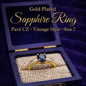 Gold Plated Sapphire Ring Size 7 | Oval Blue Sapphire & Pavé CZ | Vintage Style